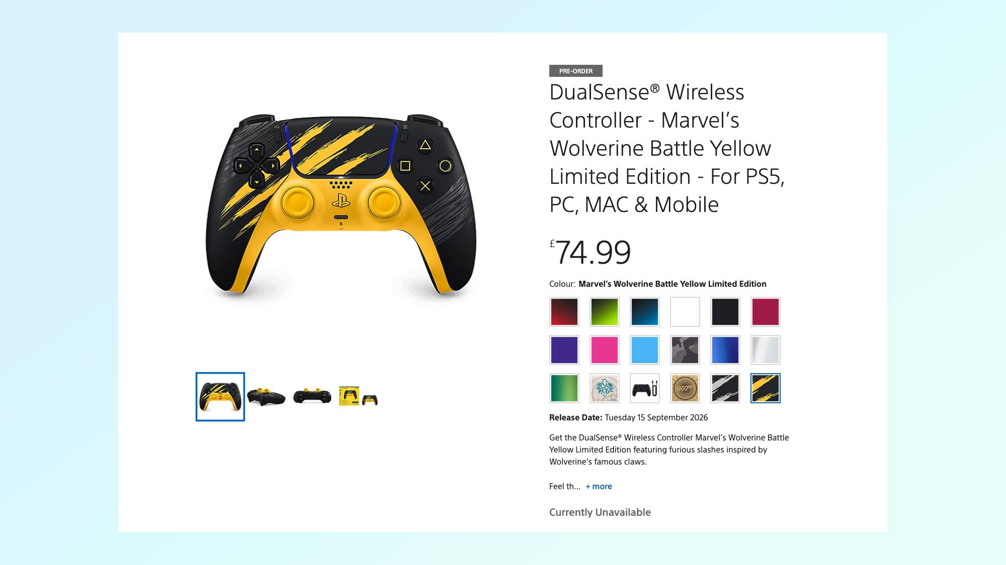 PS Direct listing page for the Battle Yellow DualSense controller
