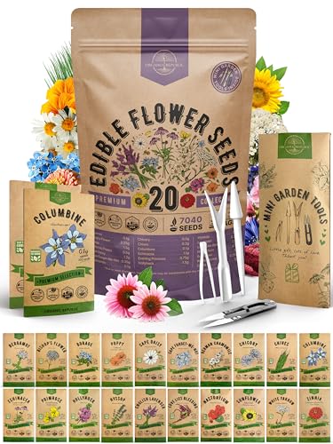 Organo Republic 20 Edible Flower Seeds Variety Pack- Indoor/outdoor. 7000+ Non-Gmo Heirloom: Borage, Bergamot, Nasturtium, Chives, Cape Daisy, Hyssop, Zinnia Seeds &amp;amp; More