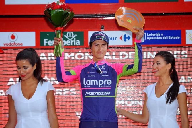 Winner Anacona (Lampre-Merida) showing off his prizes
