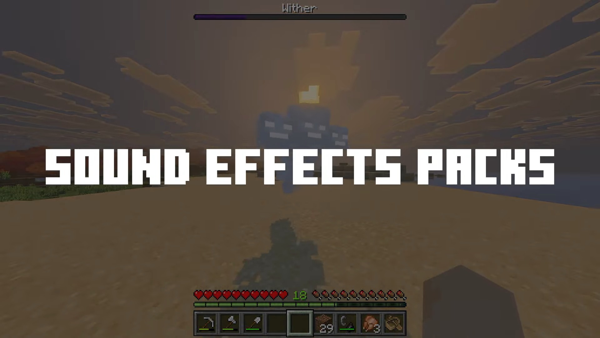 A Minecraft gameplay scene featuring a Wither boss in the distance, with the bold white text SOUND EFFECTS PACKS overlaid in the center of the screen.