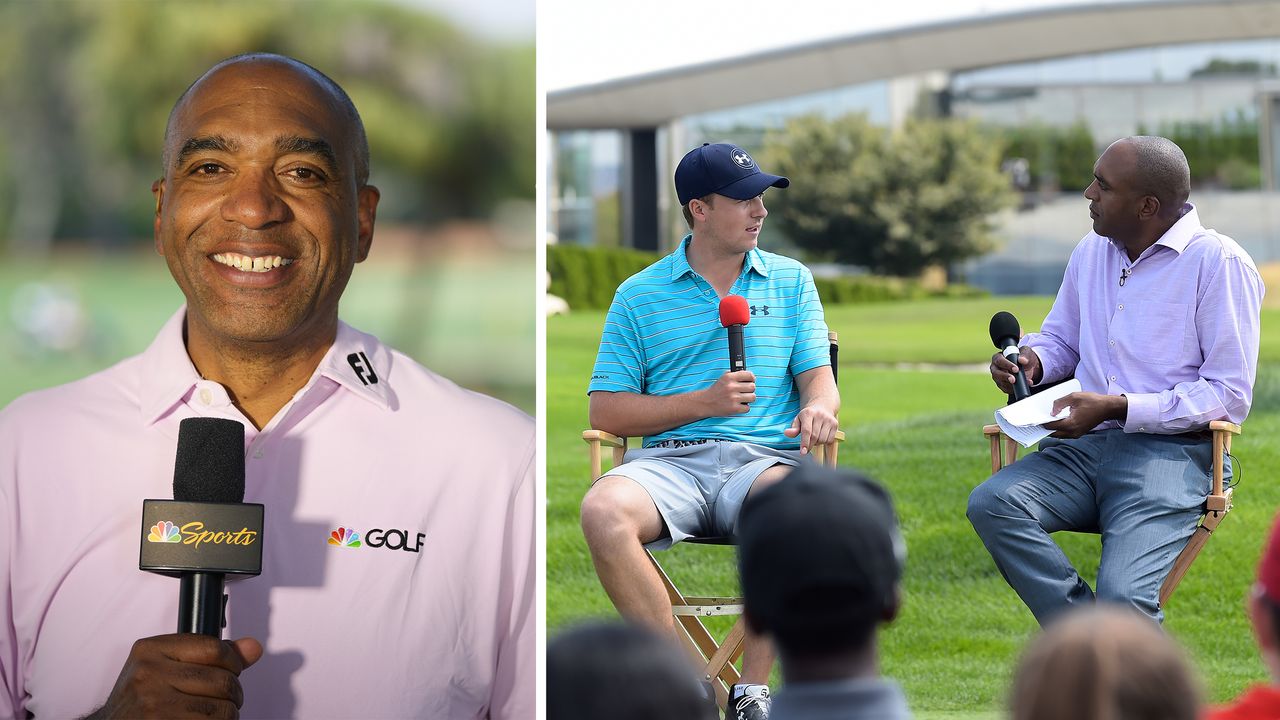 Damon Hack headshot and an insert of him interviewing Jordan Spieth