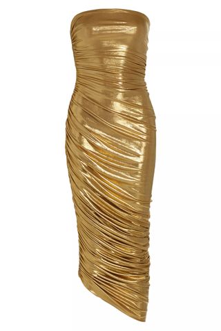 Norma Kamali Diana Metallic Ruched Strapless Gown