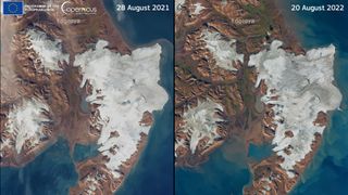 A comparison of satellite images of Svalbard showing the fast progress of ice melt due to high summer temperatures.