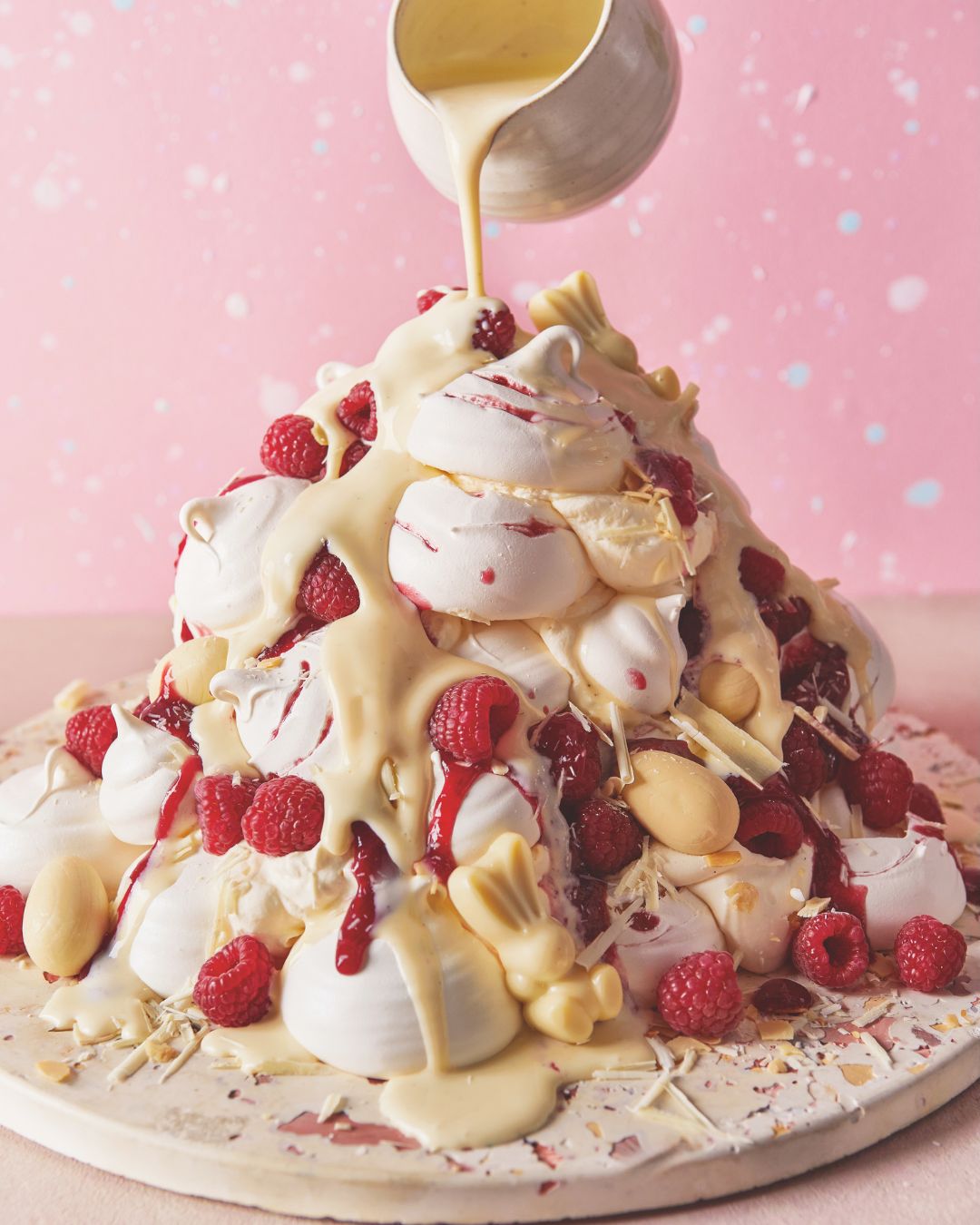 Meringue stack with raspberry and white chocolate