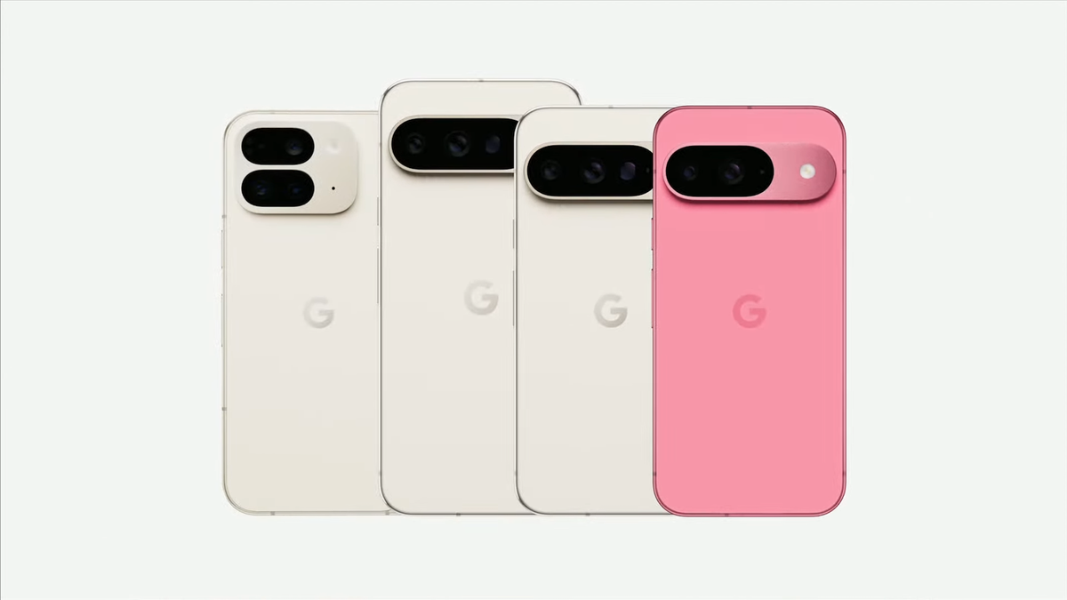 The full Google Pixel 9 line-up of phones pictured against a white background