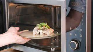 Fish dish being placed in microwave