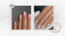 On the left is a close-up of a hand with a short pearl manicure by nail artist and digital content creator, Mateja Novakovic (@matejanova) and on the right is another hand with a square pearly manicure by nail artist and educator (Fliss Alton @gelsbyfliss)/ in a white and grey template with a stock image of a pearl and a pearly nail polish swatch.