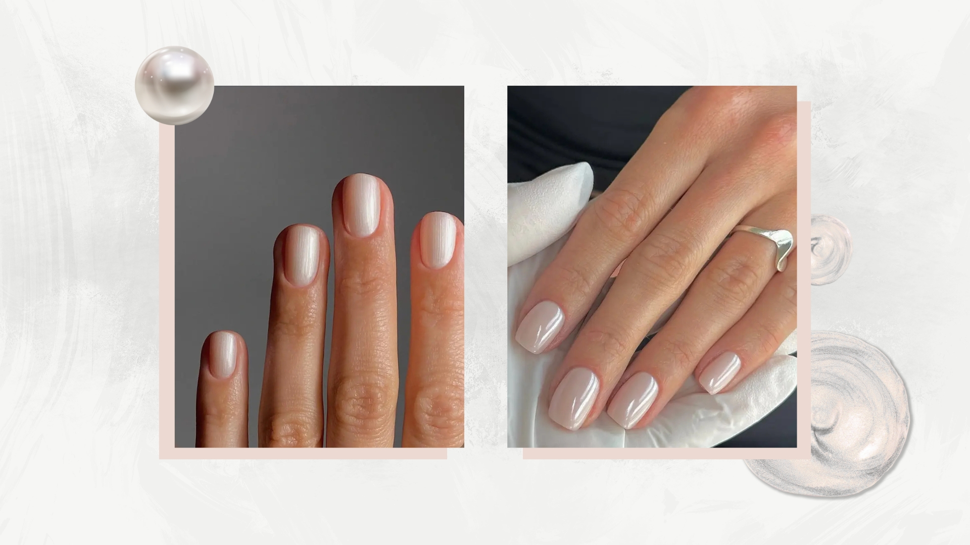 On the left is a close-up of a hand with a short pearl manicure by nail artist and digital content creator, Mateja Novakovic (@matejanova) and on the right is another hand with a square pearly manicure by nail artist and educator (Fliss Alton @gelsbyfliss)/ in a white and grey template with a stock image of a pearl and a pearly nail polish swatch.
