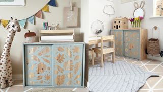 play room with painted wooden storage cabinet