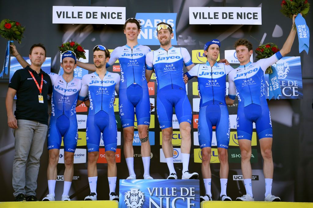 NICE FRANCE MARCH 12 A general view of Simon Philip Yates of The United Kingdom Luke Durbridge of Australia Lucas Walde Hamilton of Australia Chris Harper of Australia Kelland Obrien of Australia Matteo Sobrero of Italy and Team Jayco Alula celebrates at podium as best team during the 81st Paris Nice 2023 Stage 8 a 1184km stage from Nice to Nice UCIWT ParisNice on March 12 2023 in Nice France Photo by Alex BroadwayGetty Images