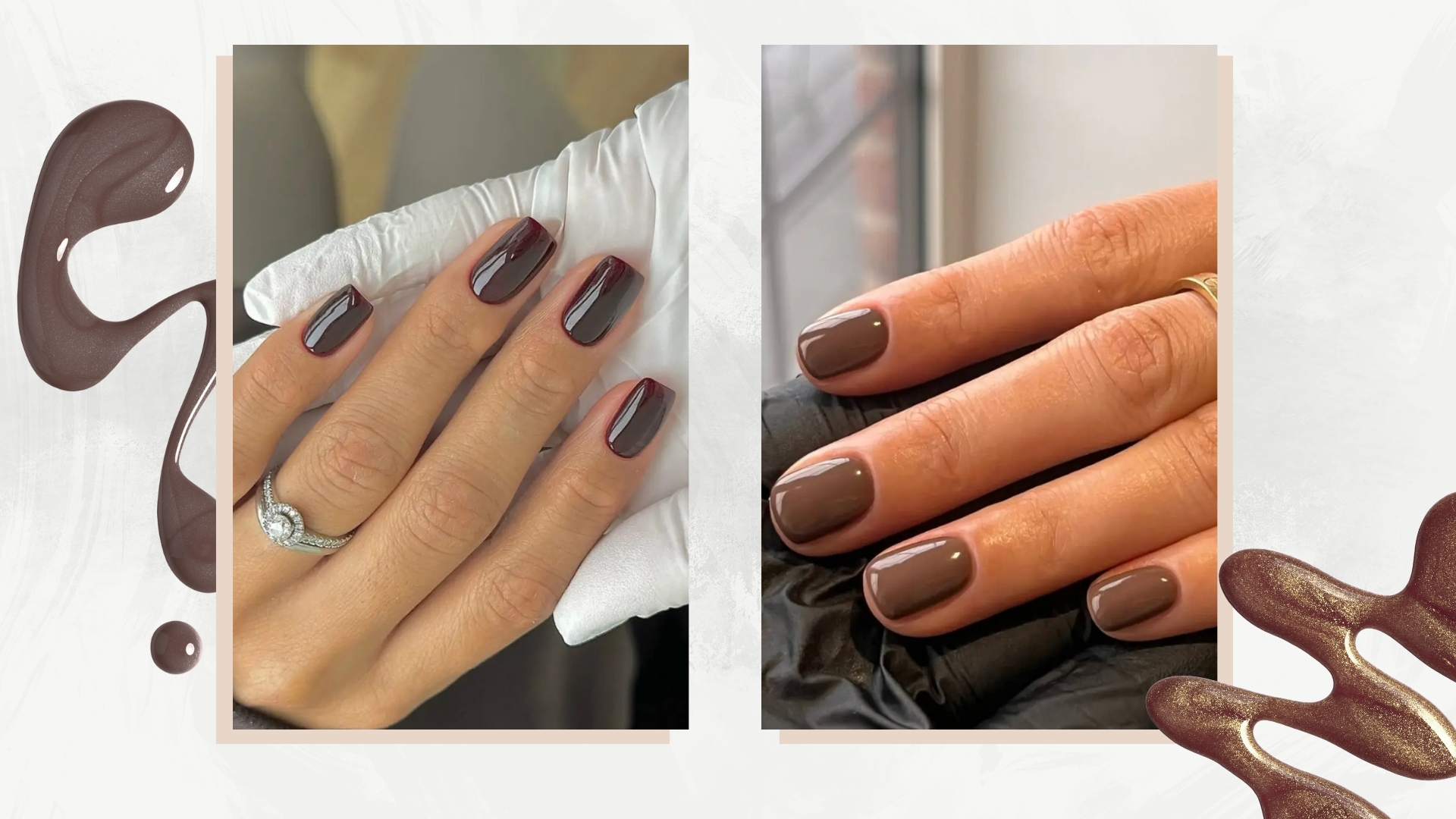 On the left is a close-up of a hand with &#039;cherry chocolate&#039; square nails, by nail artist Fliss Alton/@gelsbyfliss, and on the right is a close-up of another hand with short chocolate nails by nail artist Julia Diogo/@paintedbyjools/ both featured in a white and grey marbled template, alongside two brown nail polish spills. 