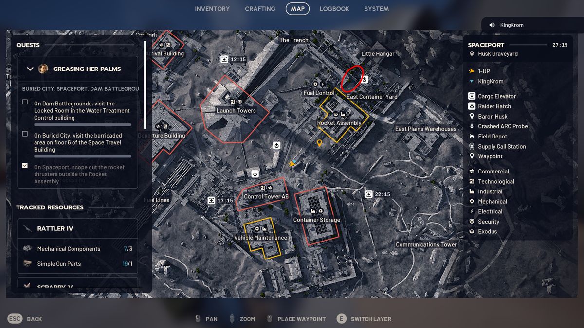 Arc Raiders mushroom locations: A map of Spaceport with a red oval showing a good spot to find mushrooms.