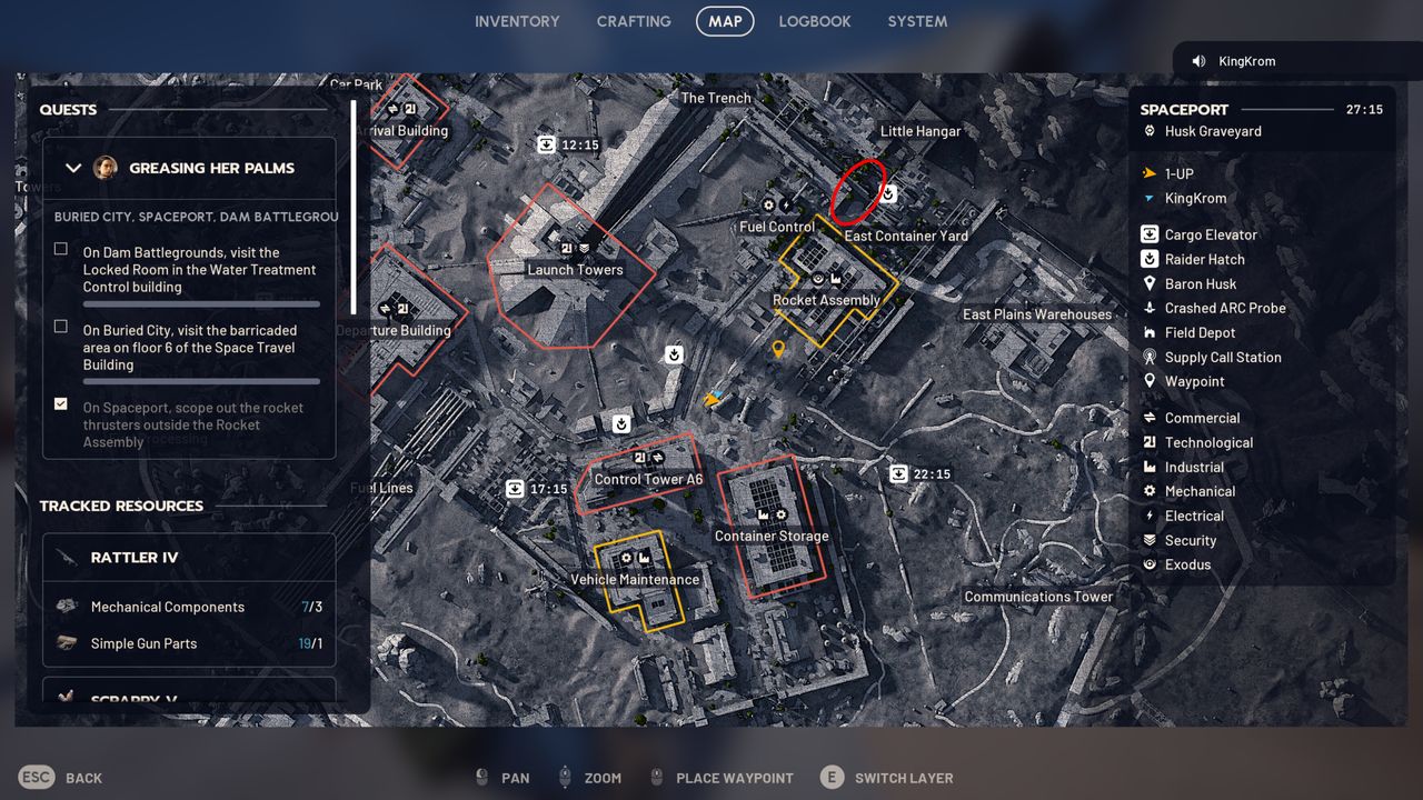 Arc Raiders mushroom locations: A map of Spaceport with a red oval showing a good spot to find mushrooms.