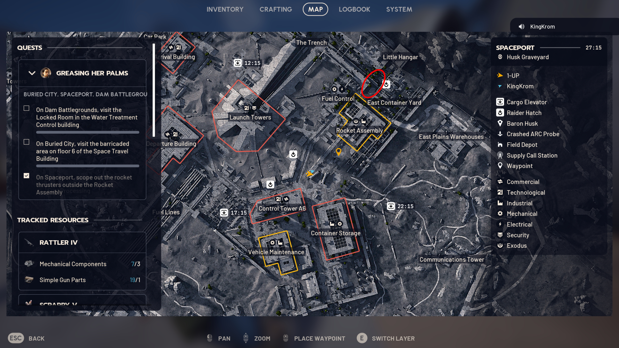 Arc Raiders mushroom locations: A map of Spaceport with a red oval showing a good spot to find mushrooms.