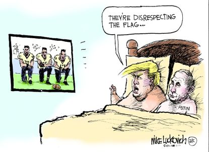 Political cartoon U.S. Trump NFL kneeling Putin