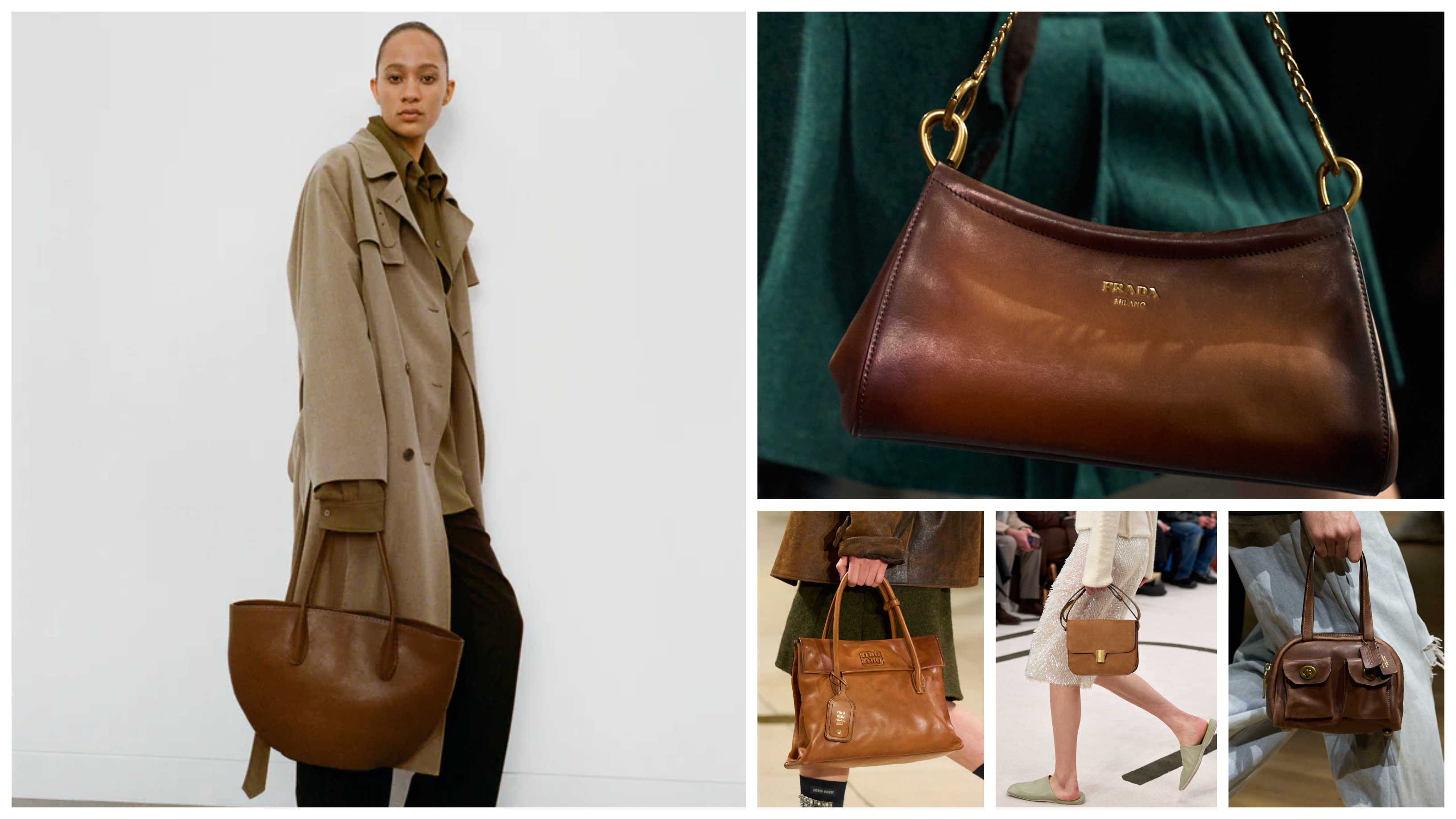 brown bags at The Row, Prada, Miu Miu, Calvin Klein, and Coach
