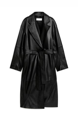 Arket long black belted leather coat