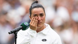 Ons Jabeur of Tunisia crying during an interview after losing in the Women's Singles Final at Wimbledon 2023