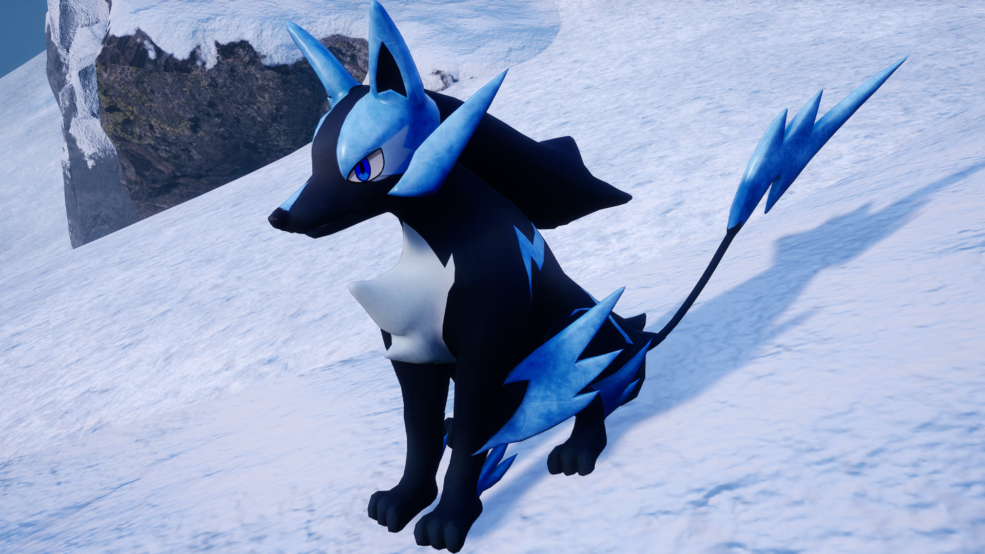 Palworld - Rayhound, a black wolf with blue eyes, tail, and ears