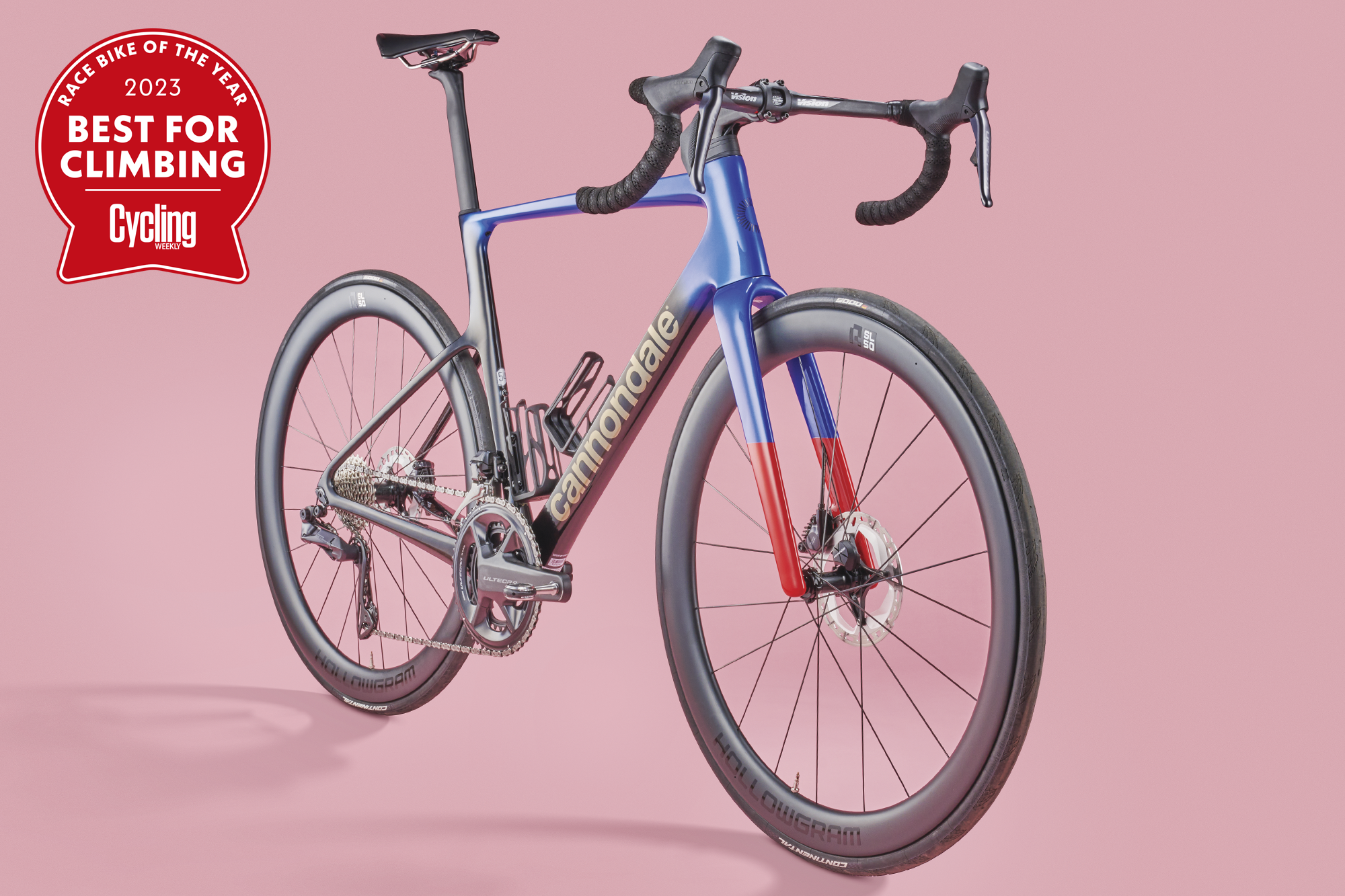 Cannondale SuperSix Evo Hi Mod 2 with the 2023 Race Bike of the Year 'Best for Climbing' award roundel