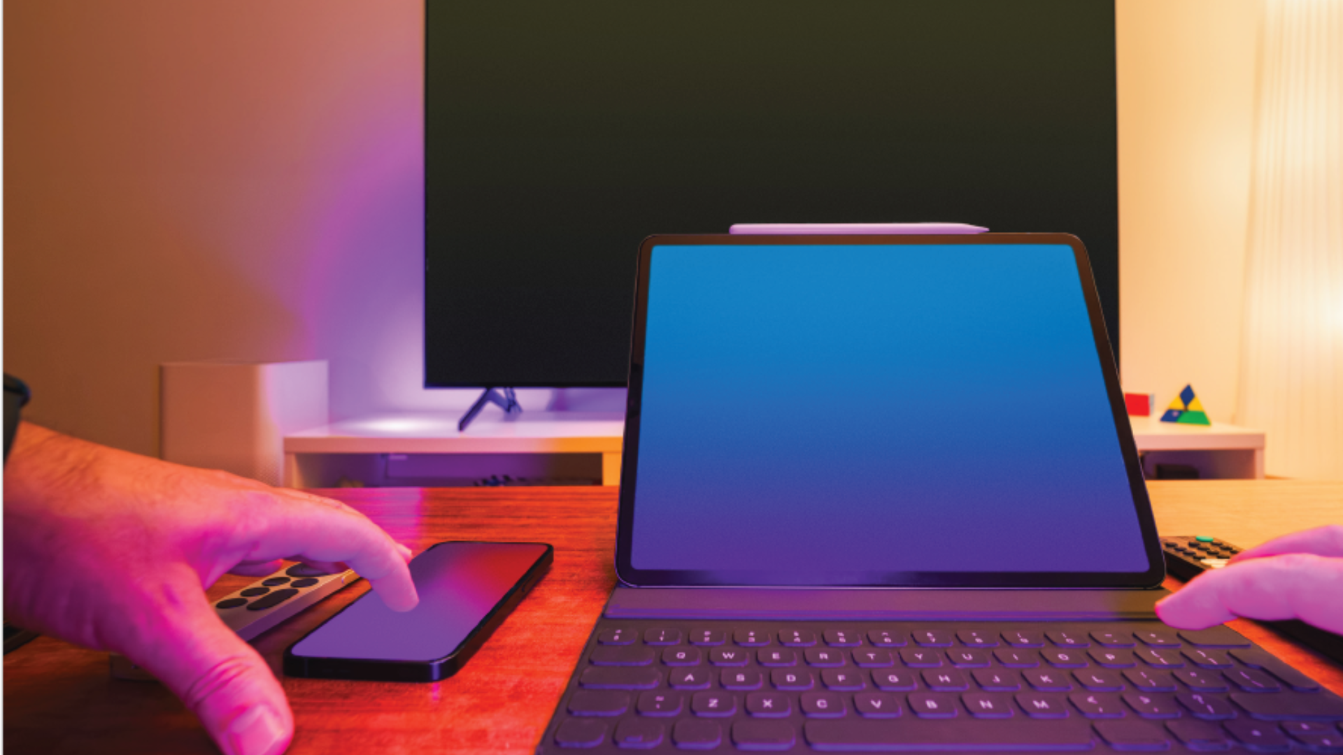 Graphic showing several screens, including a phone, TV and a laptop where viewing takes place