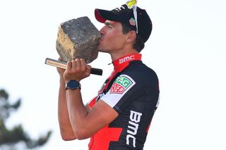 Greg Van Avermaet celebrates his Paris-Roubaix win.