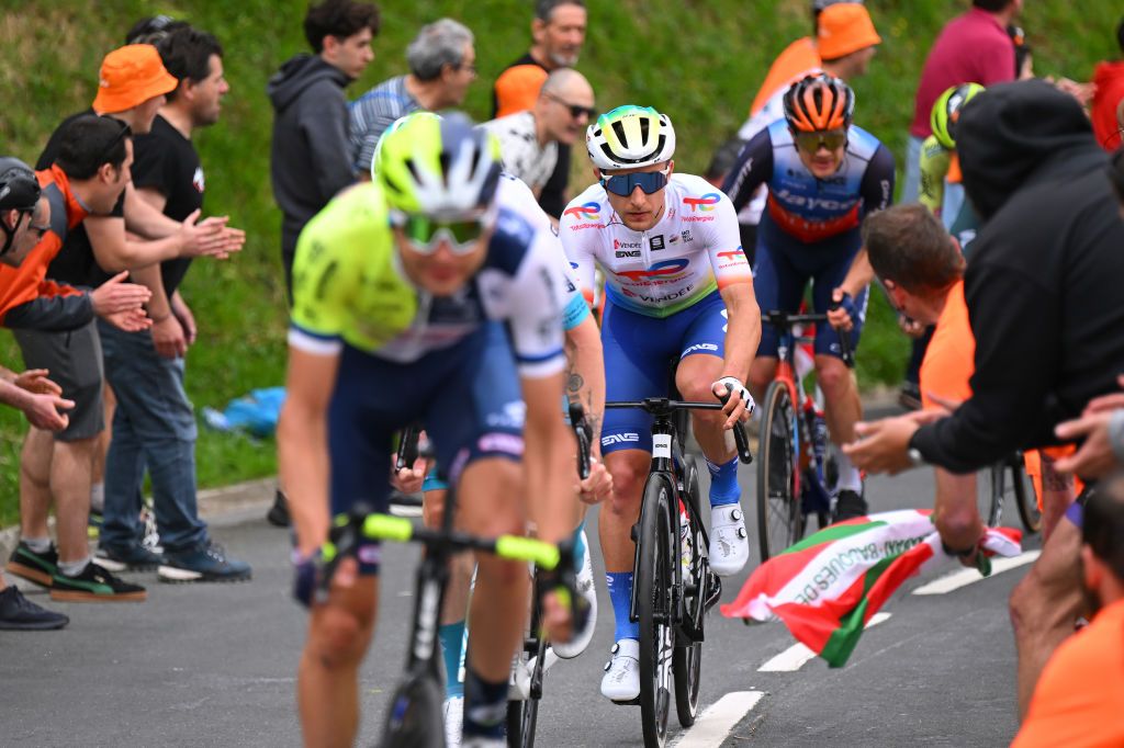 EIBAR SPAIN APRIL 06 Fabien Doubey of France and Team TotalEnergies competes in the breakaway during the 63rd Itzulia Basque Country 2024 Stage 6 a 1378km stage from Eibar to Eibar UCIWT on April 06 2024 in Eibar Spain Photo by Tim de WaeleGetty Images