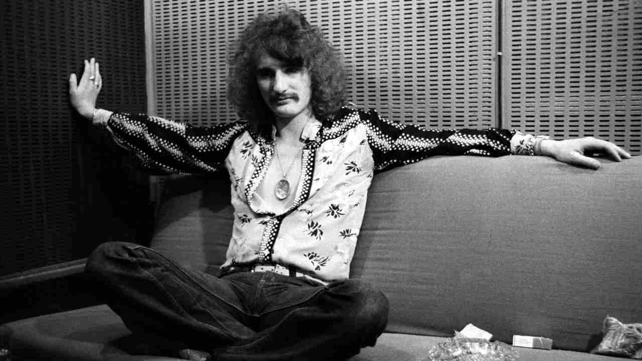 Uriah Heep singer David Bryon posing for a photograph in 1974