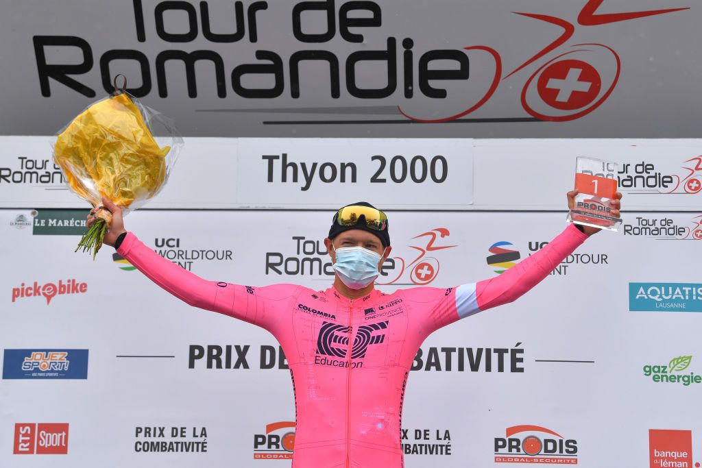 THYON 2000 LES COLLONS SWITZERLAND MAY 01 Magnus Cort Nielsen of Denmark and Team EF Education Nippo Most Combative Rider celebrates at podium during the 74th Tour De Romandie 2021 Stage 4 a 1613km stage from Sion to Thyon 2000 Les Collons 2076m Trophy Mask Covid Safety Measures TDR2021 TDRnonstop UCIworldtour on May 01 2021 in Thyon 2000 Les Collons Switzerland Photo by Luc ClaessenGetty Images