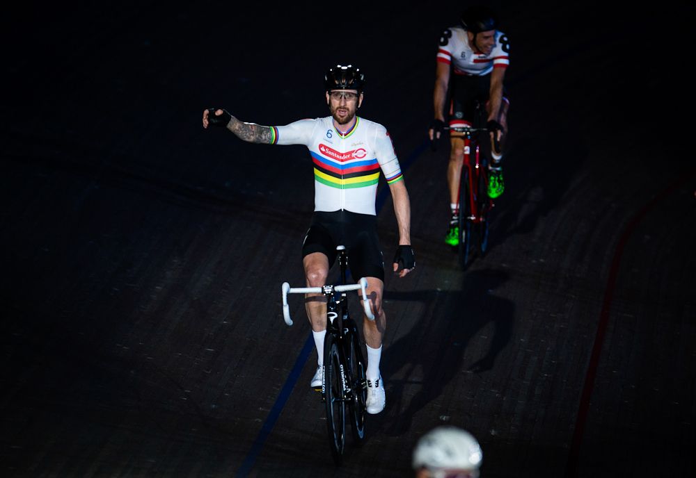Bradley Wiggins celebrates winning the team elimination during the Six Day London