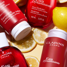 Clariens beauty products next to lemon slices