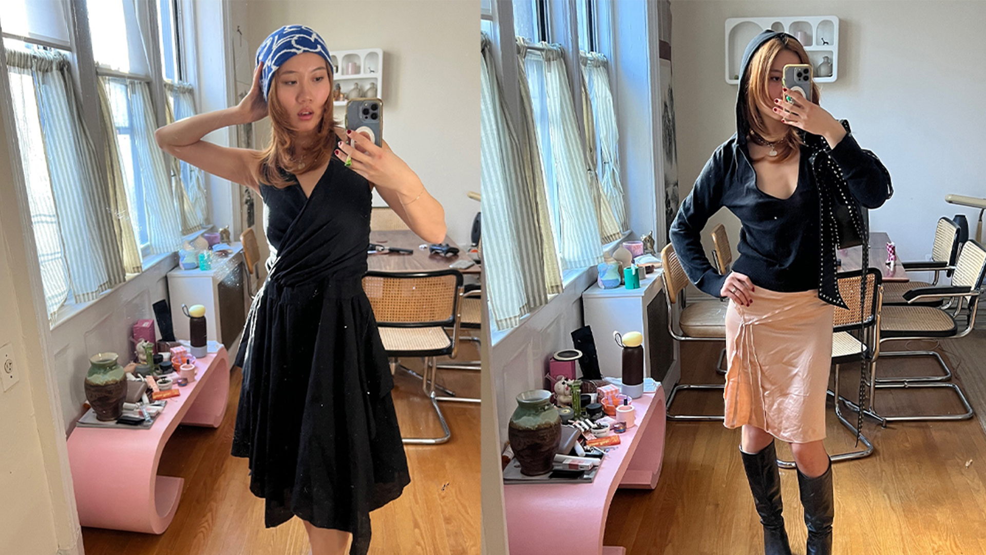 Vivian wears fun outfits while taking a mirror selfie in her aesthetic home.