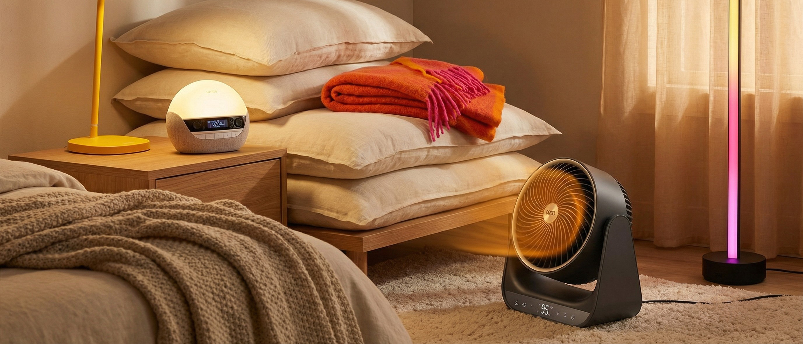Collage of gadgets in a warm room, with pillows and throws