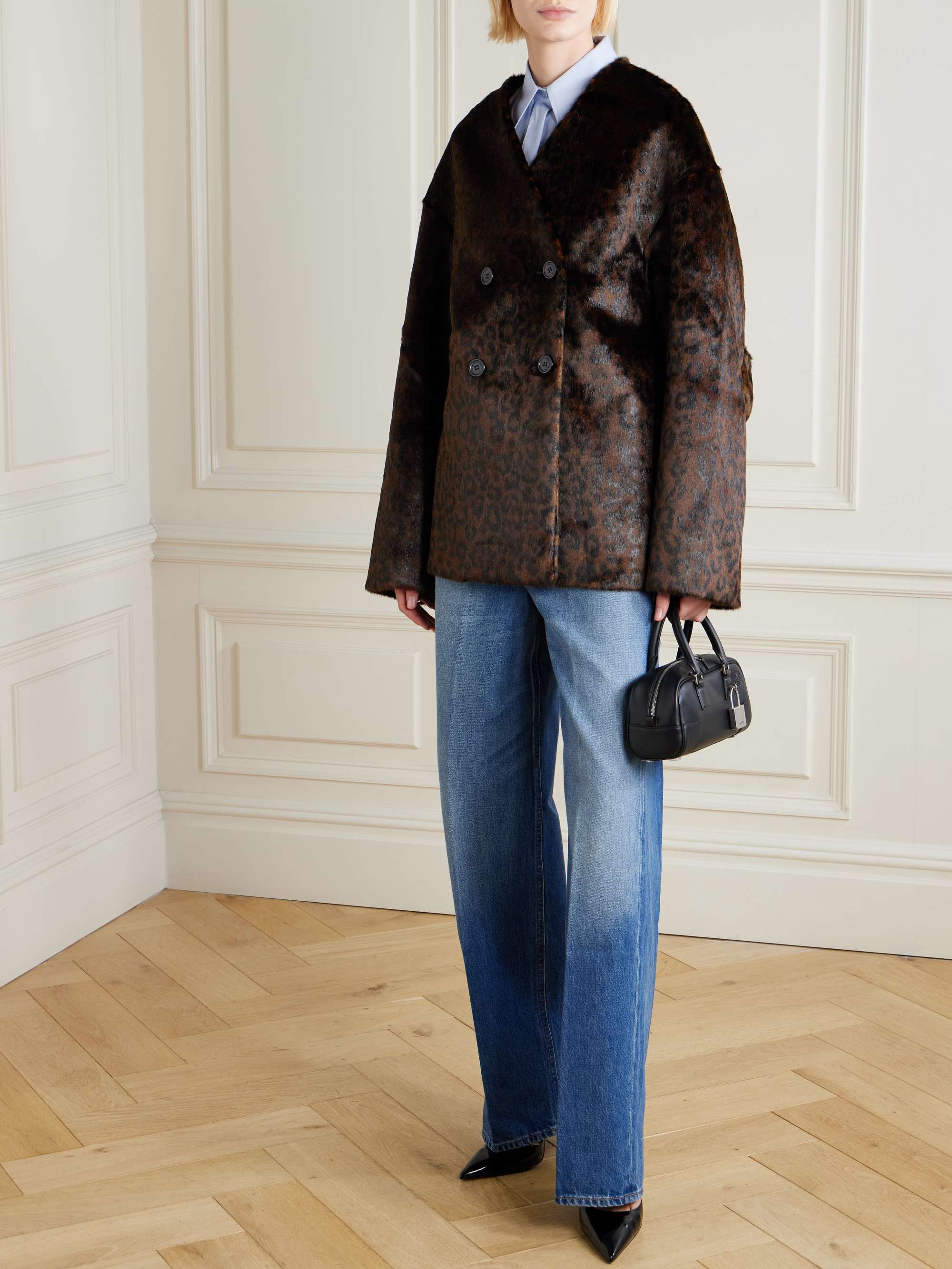 Valentina Oversized Double-Breasted Leopard-Print Plush Jacket