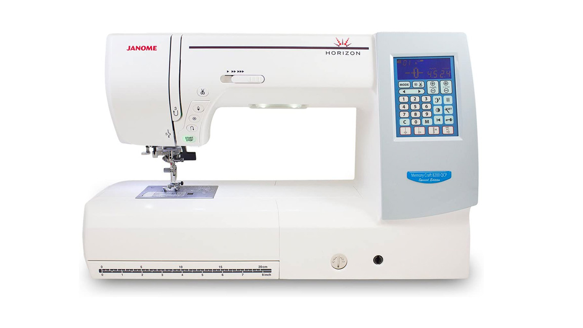 best sewing machines for quilting;  a white sewing machine with a blue stitch panel