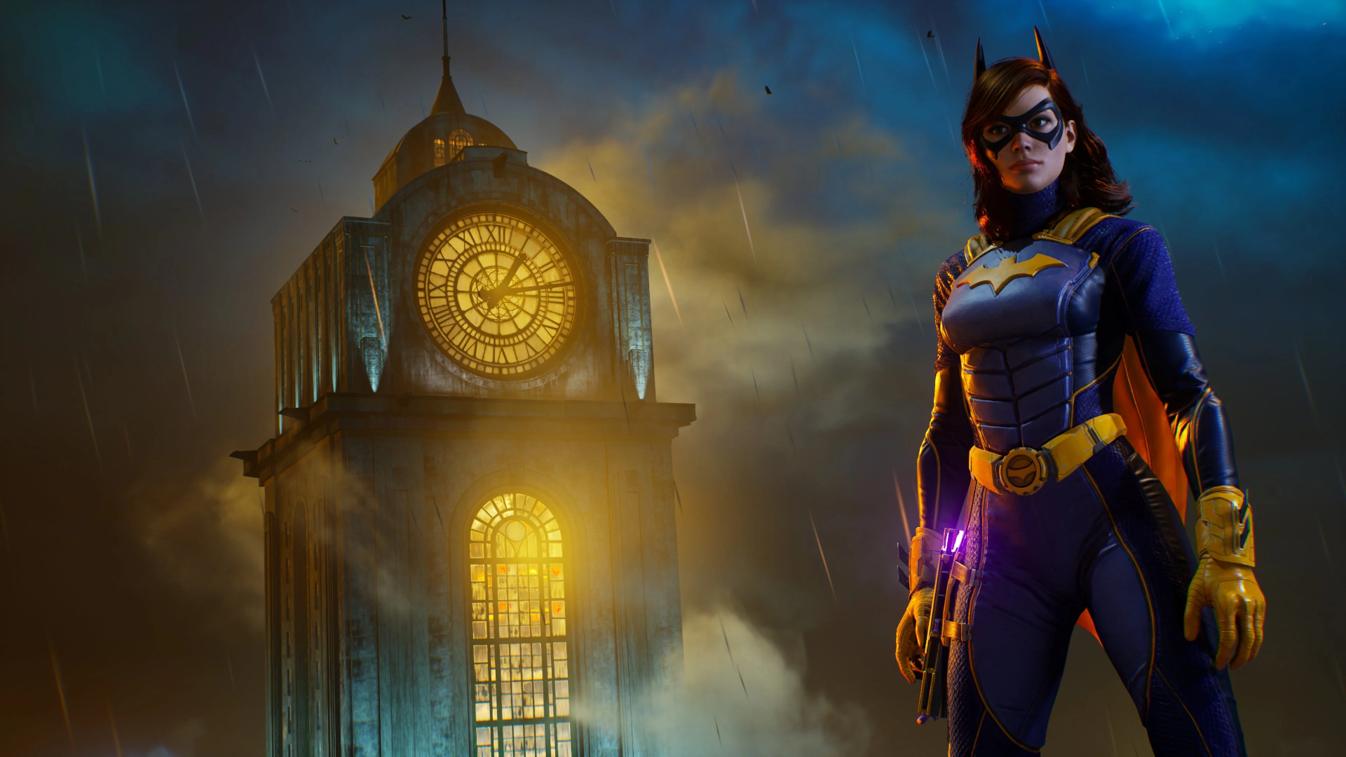 Gotham Knights - Batgirl poses in front of a clock tower at night