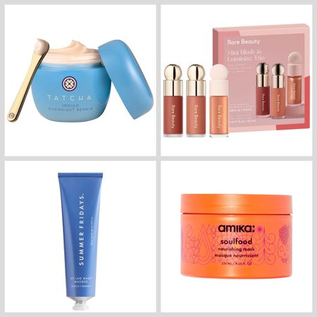 Product collage of Summer Fridays Jet Lag Mask + Moisturizer, Tatcha Indigo Overnight Repair Serum in Cream Treatment, Amika Soulfood Nourishing Hair Mask, Rare Beauty Mini Blush and Luminize Trio on white background with grey border 