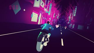 Best Apple Arcade games - Sayonara Wild Hearts protagonist riding a motorbike down a street