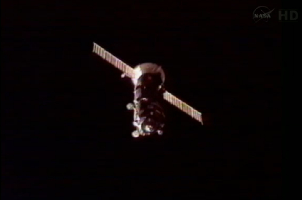 The unmanned Russian cargo ship Progress 47 is seen by cameras on the International Space Station just before the two spacecraft docked on April 22, 2012 during the station&#039;s Expedition 30 mission.