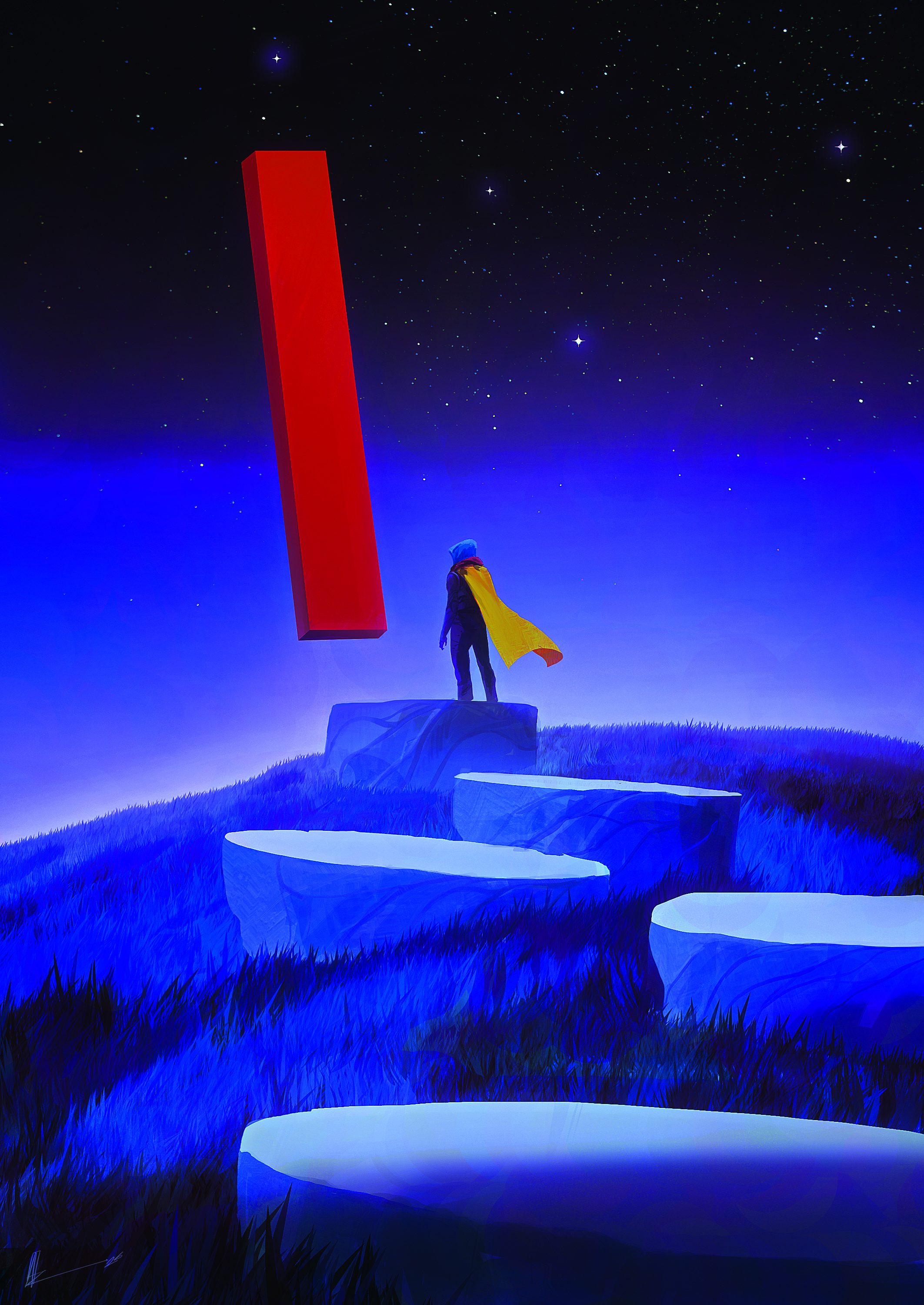 Part of the process of making digital art in Photoshop. The artwork shows a lone figure in a surreal dreamscape