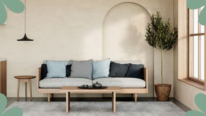 Japandi living room with neutral color scheme with wooden framed sofa and coffee table