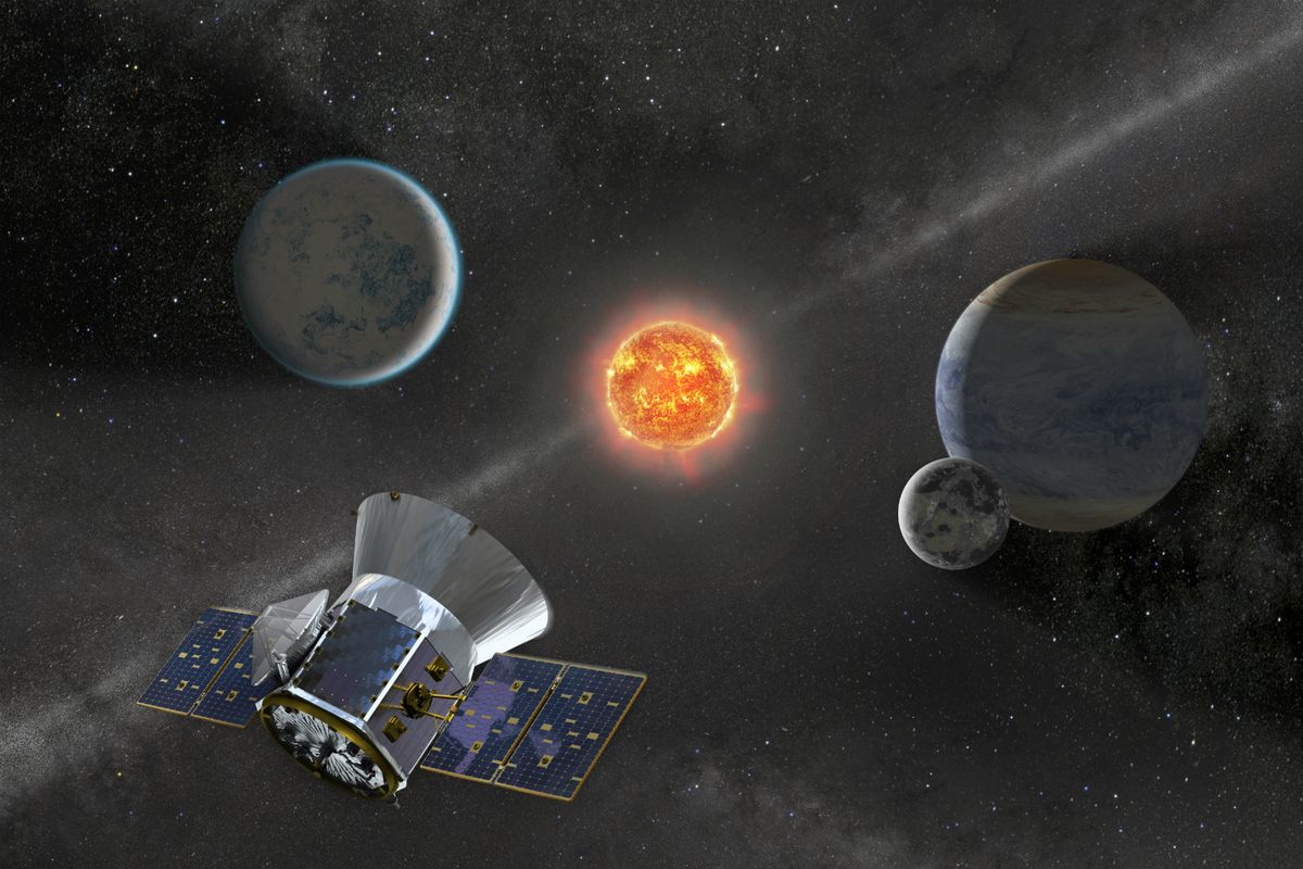 An illustration shows the Transiting Exoplanet Survey Satellite (TESS). Data from TESS has revealed a sextuple star system less than 2,000 light years from Earth.