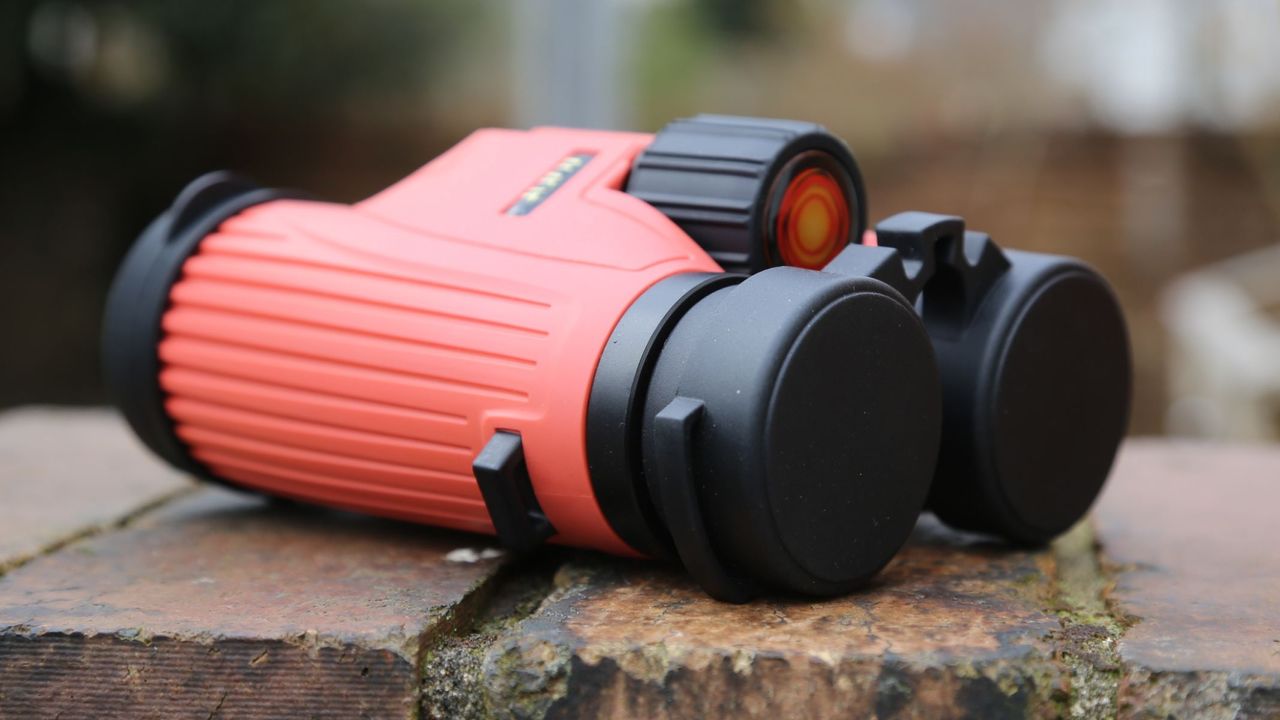 Lunt SunOculars 8x32 on a brick wall with eyecup cover attached to eyecups.