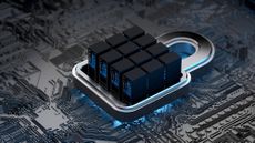 A digital image of nine small servers on a padlock, which is itself on a circuitboard, signifying cyber security
