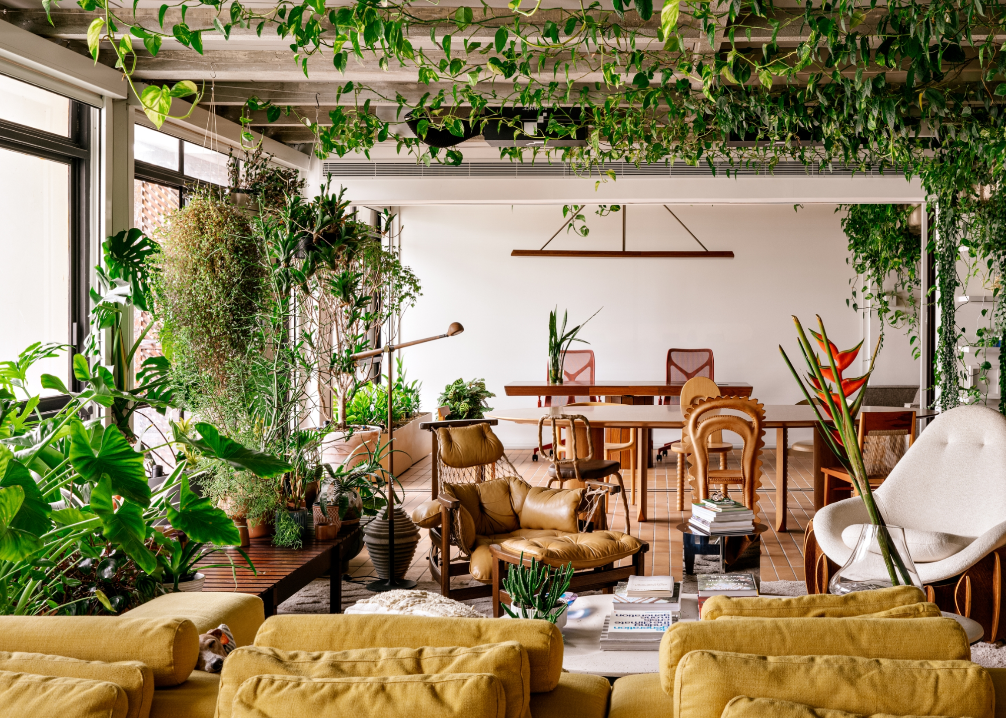 an apartment filled with plants and natural materials