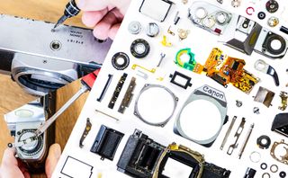 A man taking apart a broken Canon AV-1 film camera to create a new work of art from its pieces