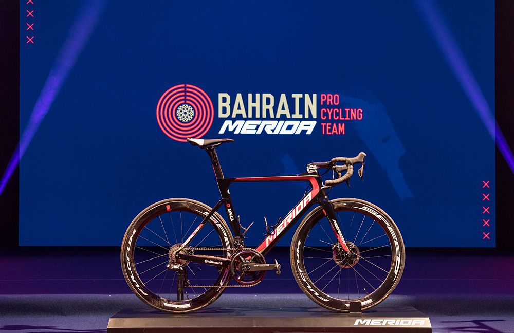 Bahrain-Merida team bike on display at the presentation of the 2019 team