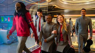 L-R, Karim Diané as Jay-Den Kraag, George Hawkins as Darem Reymi, Kerrice Brooks as Sam, Bella Shepard as Genesis Lythe and Sandro Rosta as Caleb Mir in season 1, episode 5 of Star Trek: Starfleet Academy streaming on Paramount+. Photo Credit: John Medland/Paramount+