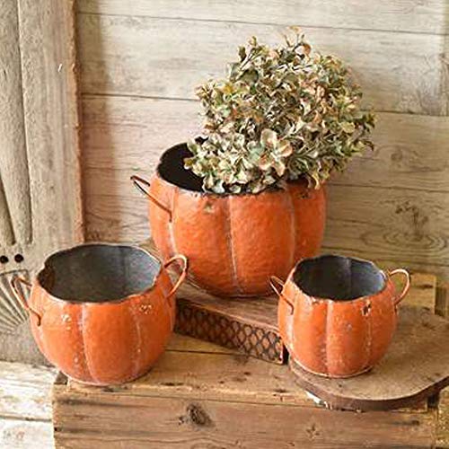 One Holiday Way Set of 3 Rustic Orange Metal Pumpkin Shaped Planters With Handles – Country Harvest Decorative Flower Pots - Fall Farmhouse Floral Plant Decor for Home, Garden, Front Porch