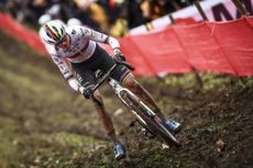 Dutch Fem Van Empel pictured in action during the women's elite race at the World Cup cyclocross cycling event in Namur, Belgium, stage 4 (out of 12) of the UCI World Cup cyclocross competition, Sunday 15 December 2024. BELGA PHOTO DAVID PINTENS (Photo by DAVID PINTENS / BELGA MAG / Belga via AFP)